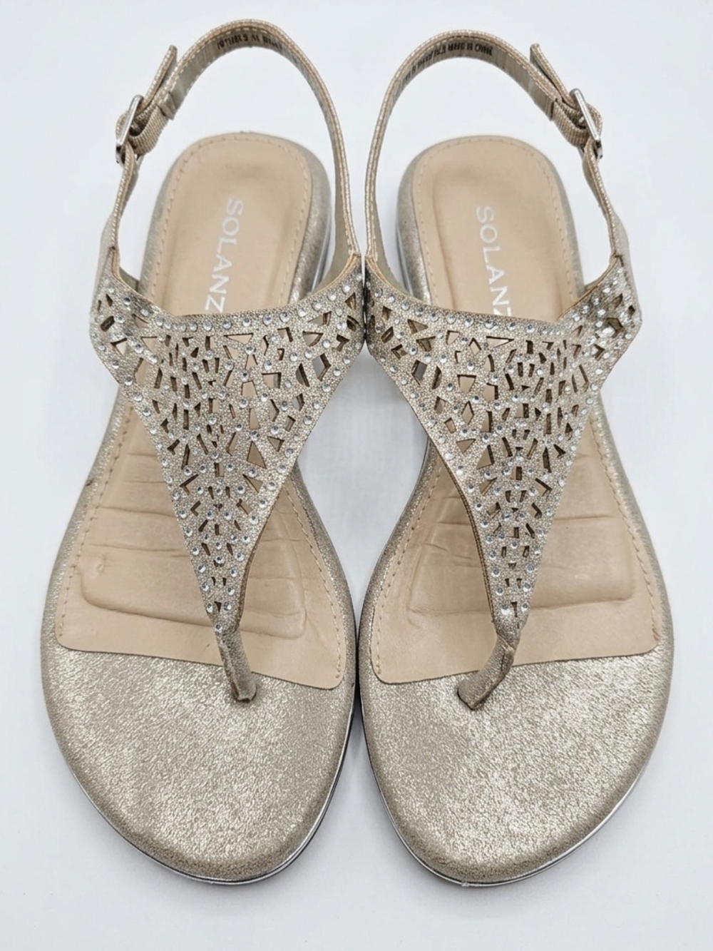SOLANZ Champagne Gold Rhinestone Laser Cut Slingback Sandals - Size 7 - Picture 3 of 6